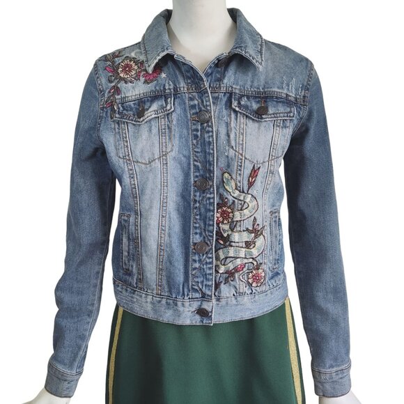 MUDD Y2K Boho Emboidered Floral & Snake Distressed Denim Faded Trucker Jacket S - Picture 1 of 16